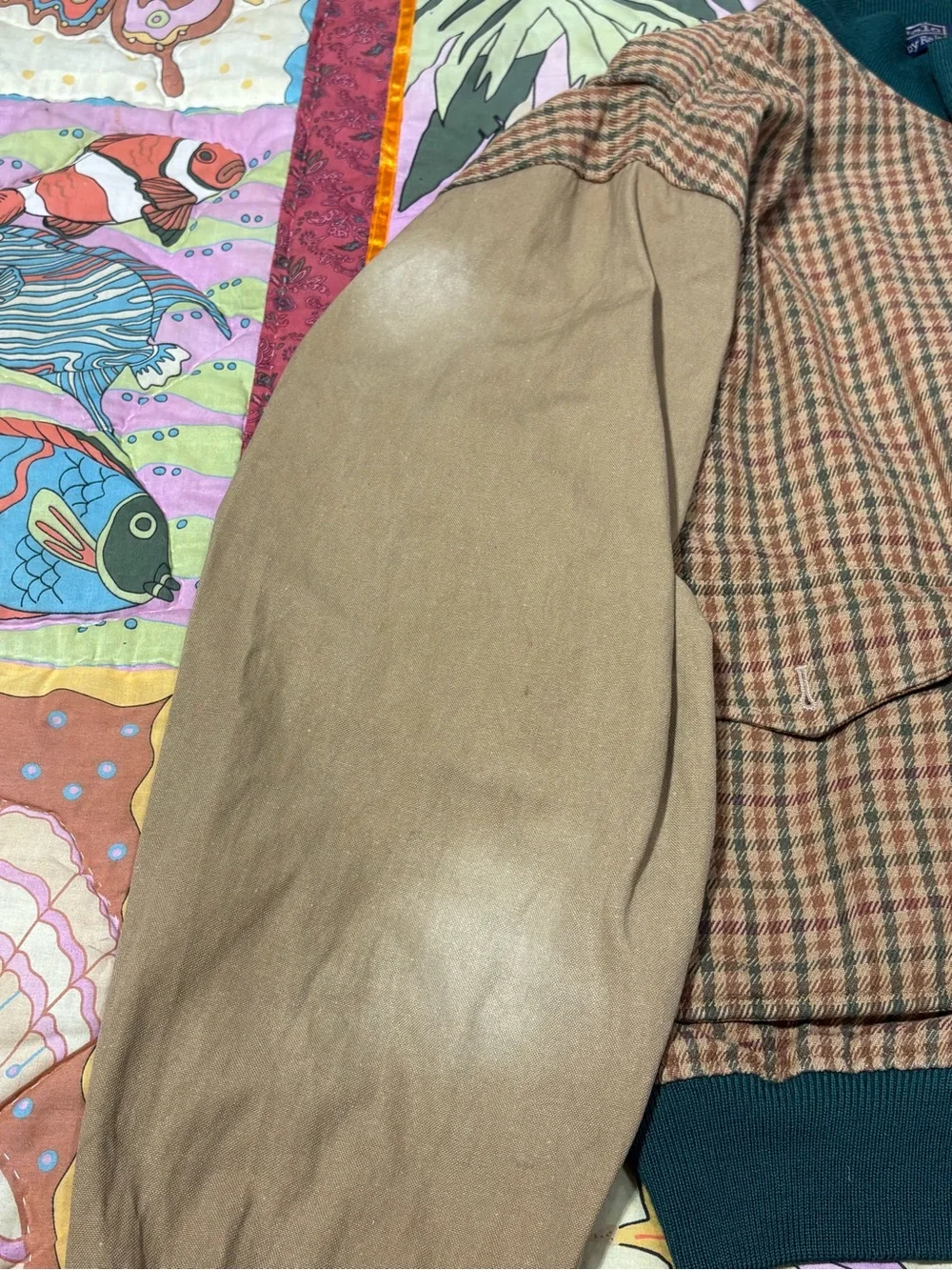 VINTAGE 80s 90s Polo Ralph Lauren Plaid Wool Bomber Jacket Beige Green